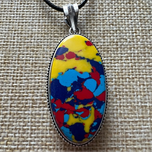 New Mosaic Balloon Jasper Vintage Style Silver Overlay Pendant Necklace - Picture 8 of 8